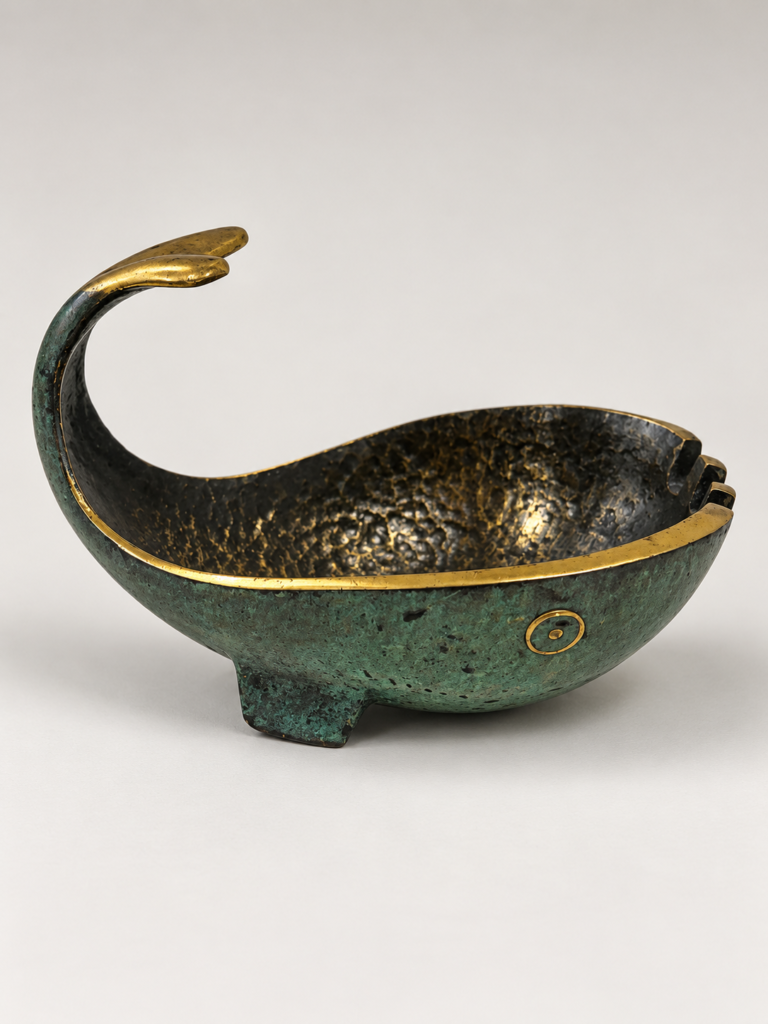 Pal-Bell brass whale ashtray with green patina