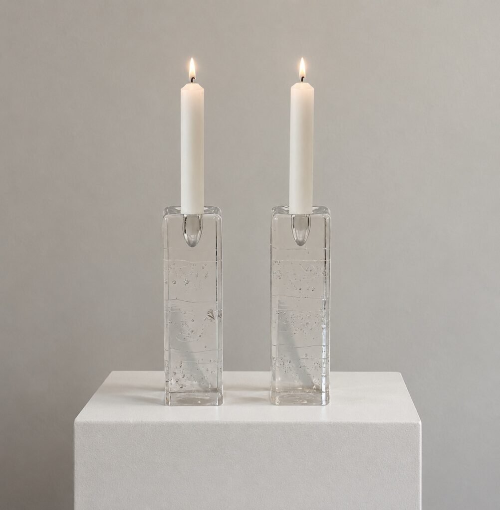 Pair of Iittala Arkipelago glass candle holders by Timo Sarpaneva displayed with lit taper candles